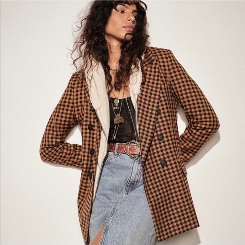 NWOT Free People Ashby Plaid Vintage-Inspired Blazer XS $168 brown black